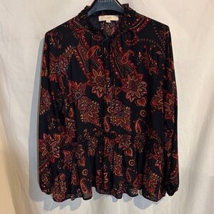 LOFT Women's Black and Red Paisley Blouse